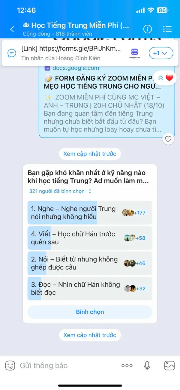 Cộng đồng Zalo Học Tiếng Trung Miễn Phí 818 thành viên